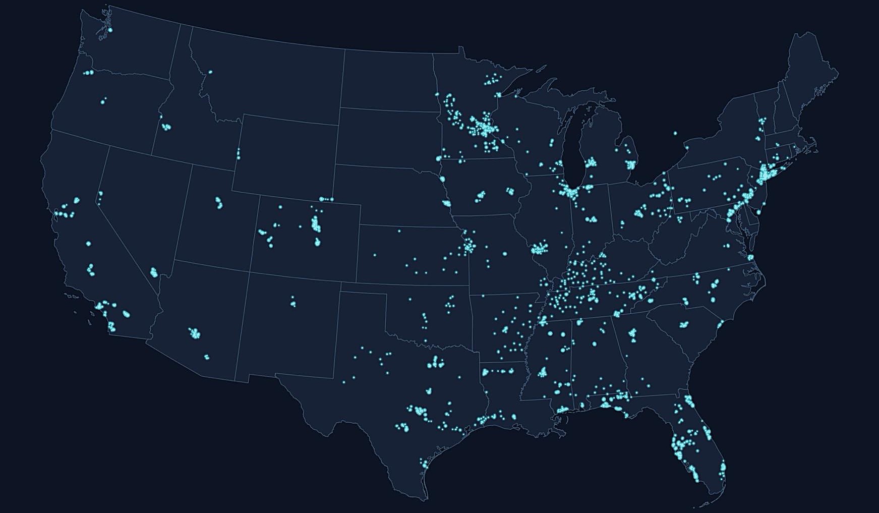 Map of Retail Visions screen locations across the United States