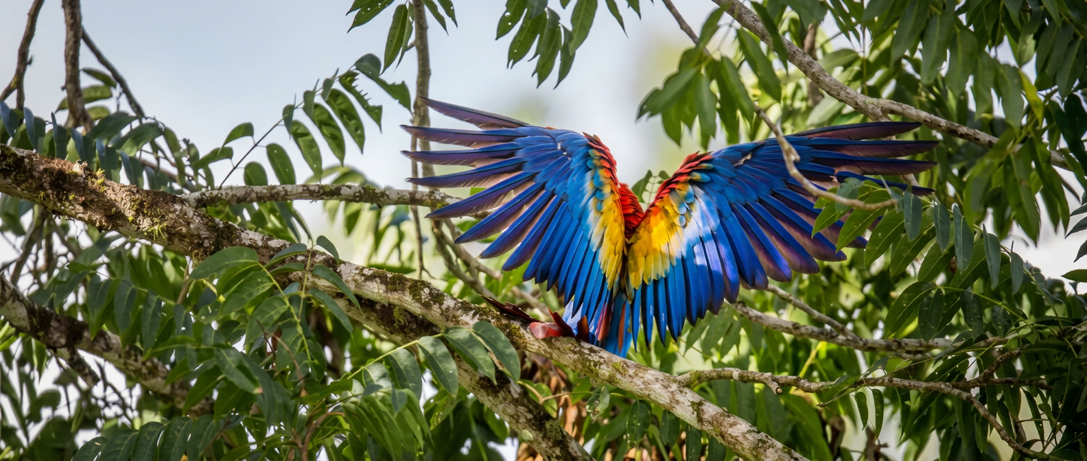 A scarlet macaw spreading its wings in the rainforest canopy