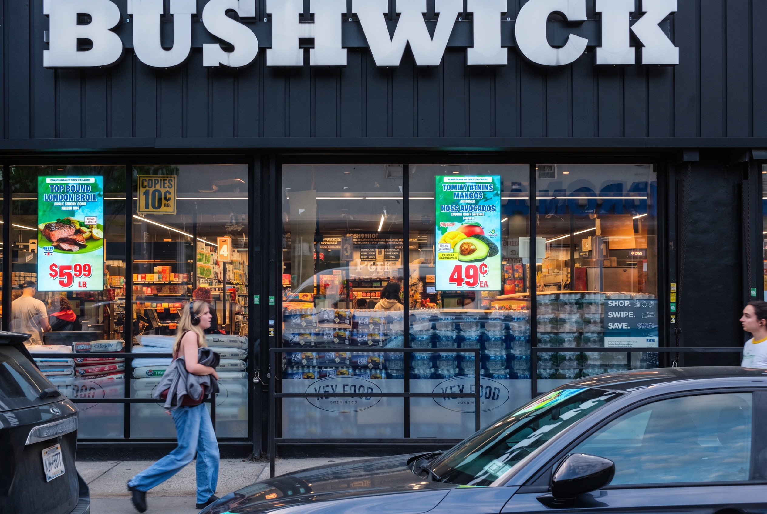 Digital advertising screens across a grocery storefront