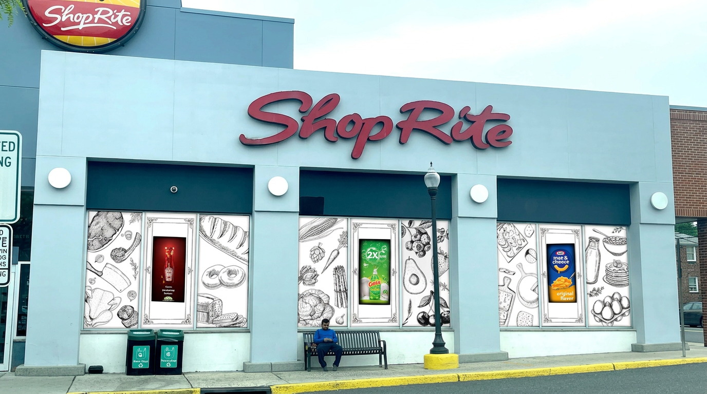 Digital window displays across a ShopRite storefront